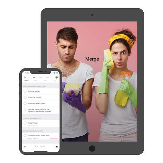 Picture of iPhone and iPad devices with image of app on iPhone with list of tasks and man holding sponge using it like a phone and woman holding sponge using it like a phone.